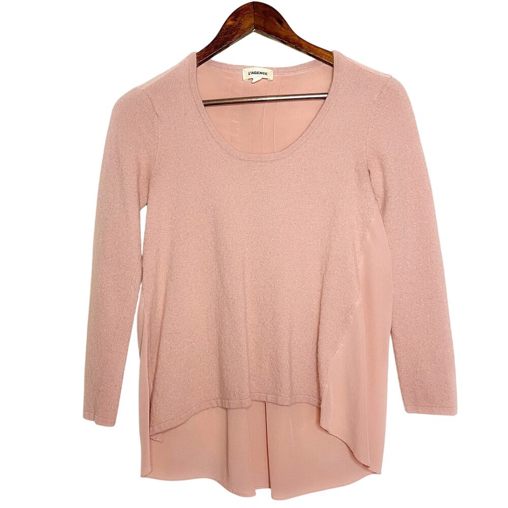 L'AGENCE Crewneck Soft-Knit Sweater with Silk Pleated Back in Pink Mauve